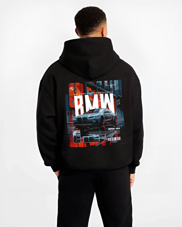 Black hoodie worn by a male model, back view, featuring BMW M4 rs turbo racing motorsport track german street graphic.