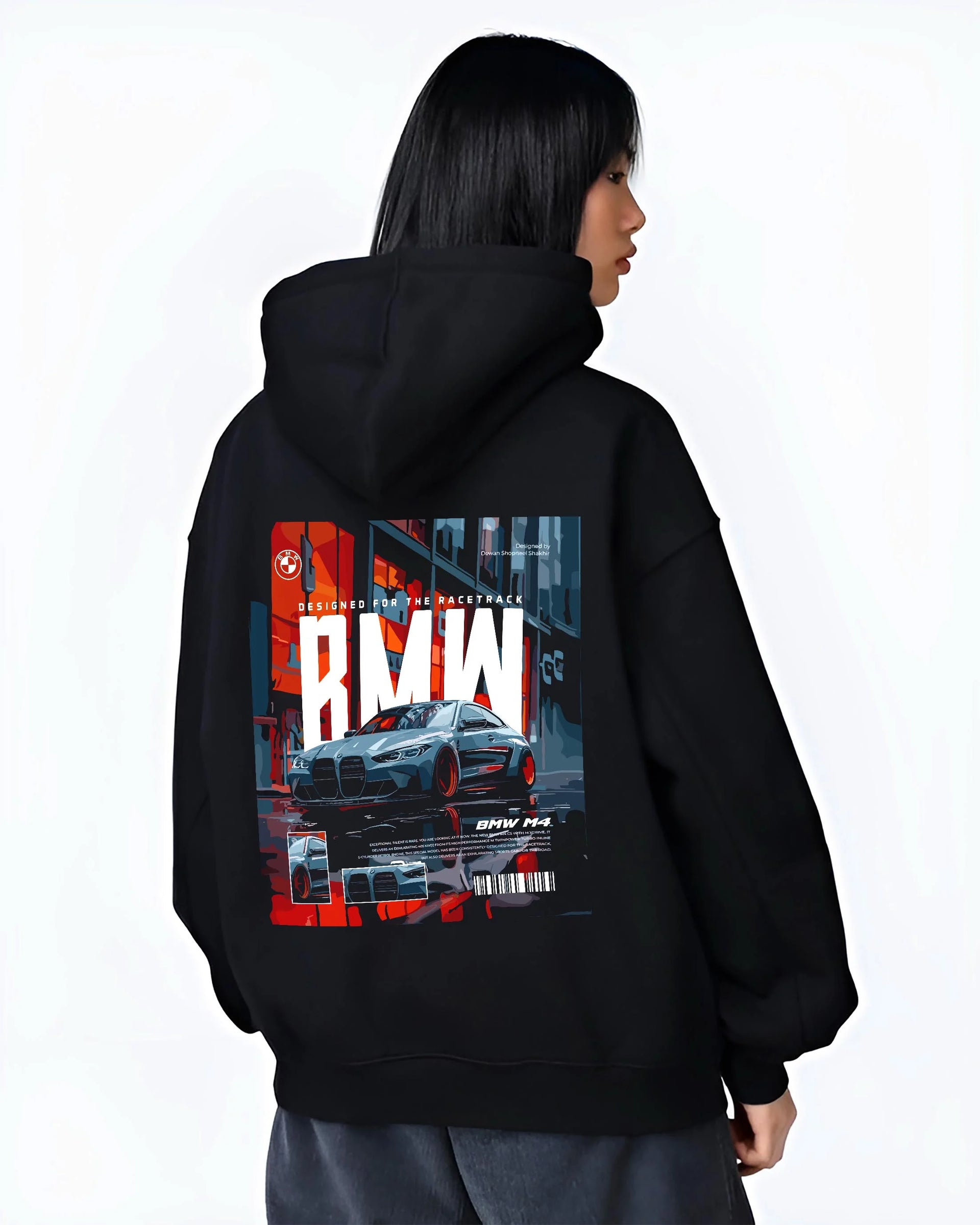 Black hoodie worn by a female model, back view, featuring BMW M4 rs turbo racing motorsport track german street graphic.