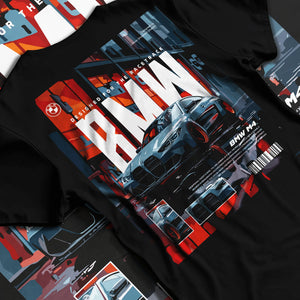 Black T-shirt laid flat with natural fabric folds, featuring BMW M4 rs turbo racing motorsport track german street graphic.
