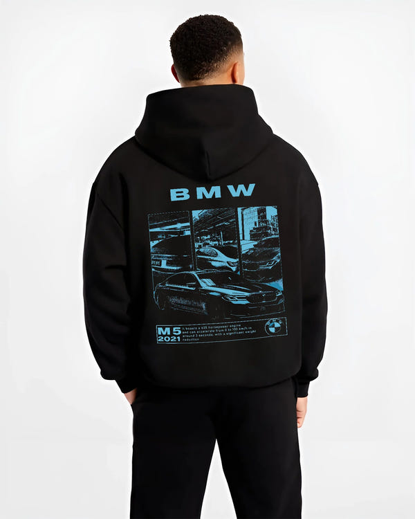 Black hoodie worn by a male model, back view, featuring BMW M5 rs turbo racing motorsport euro german street graphic.