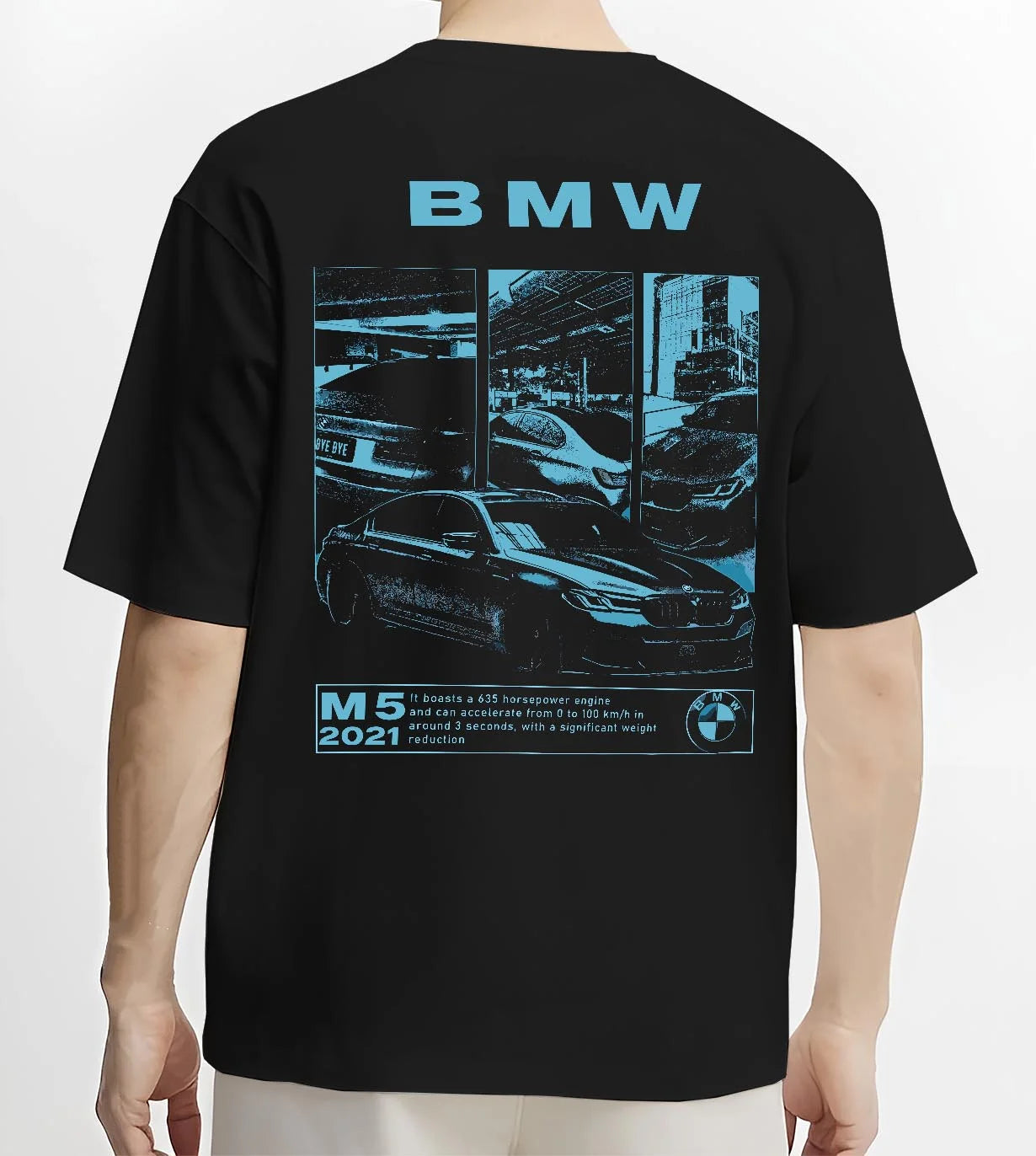 Black T-shirt worn by a male model, back view, featuring BMW M5 rs turbo racing motorsport euro german street graphic.