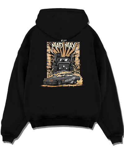 Black pullover hoodie laid flat on a white background, featuring enthusiast racing street performance motorsport automotive madmx.