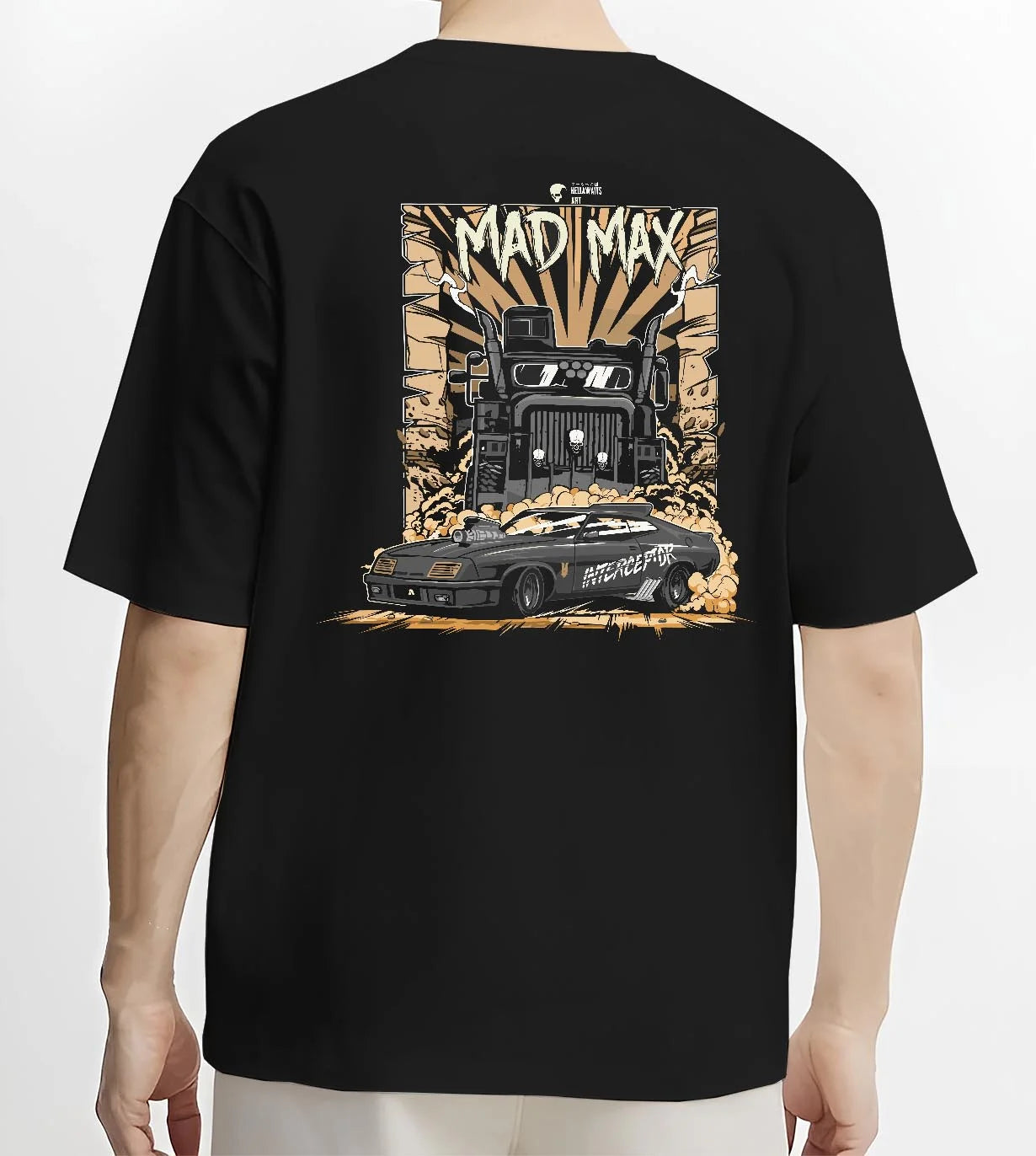 Black T-shirt worn by a male model, back view, featuring enthusiast racing street performance motorsport automotive power madmx.