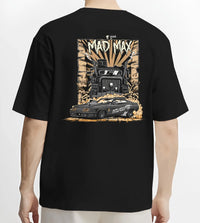 Black T-shirt worn by a male model, back view, featuring enthusiast racing street performance motorsport automotive power madmx.