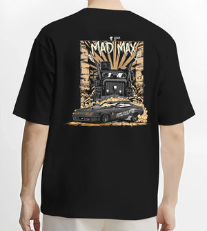 Black T-shirt worn by a male model, back view, featuring enthusiast racing street performance motorsport automotive power madmx.