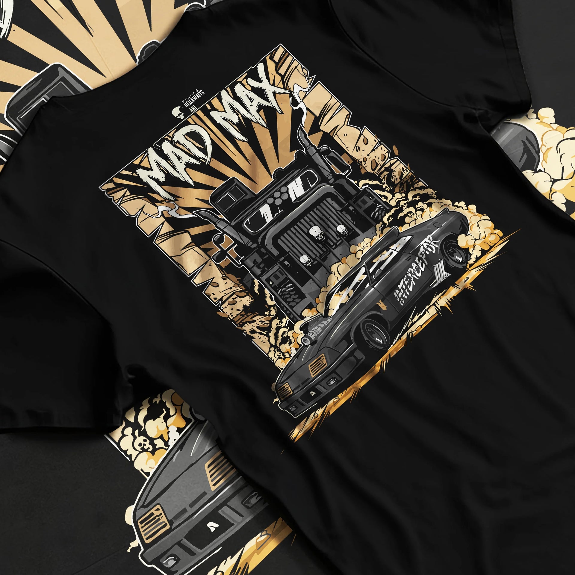 Black T-shirt laid flat with natural fabric folds, featuring enthusiast racing street performance motorsport automotive madmx.