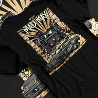 Black T-shirt laid flat with natural fabric folds, featuring enthusiast racing street performance motorsport automotive madmx.