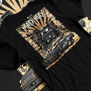 Black T-shirt laid flat with natural fabric folds, featuring enthusiast racing street performance motorsport automotive madmx.