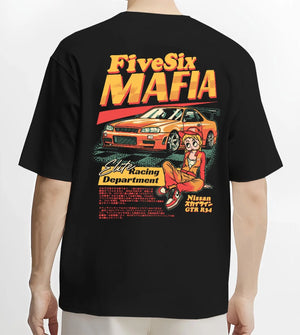 Black T-shirt worn by a male model, back view, featuring Nissan Skyline racing drift japanese tuner street performance graphic.