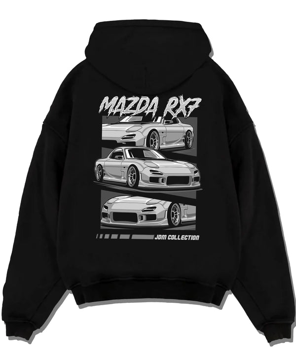 Black pullover hoodie laid flat on a white background, featuring Mazda RX--7 rx 7 racing drift jdm japanese street graphic.