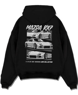 Black pullover hoodie laid flat on a white background, featuring Mazda RX--7 rx 7 racing drift jdm japanese street graphic.