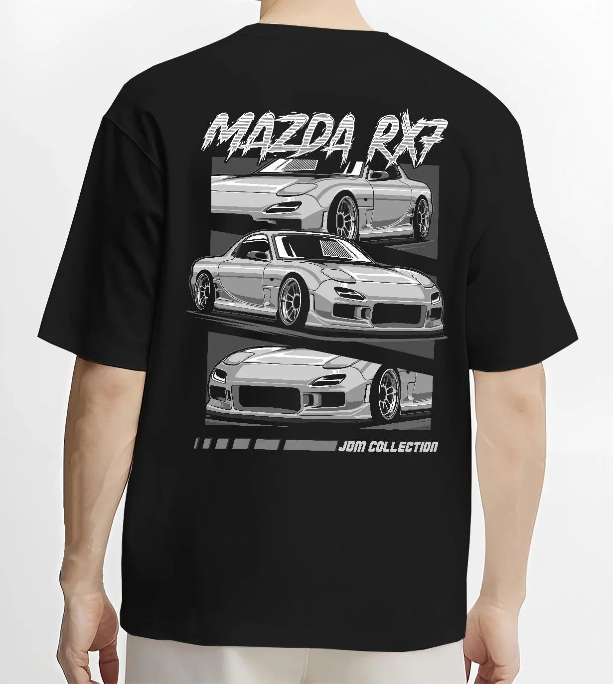 Black T-shirt worn by a male model, back view, featuring Mazda RX--7 rx 7 racing drift jdm japanese street graphic.