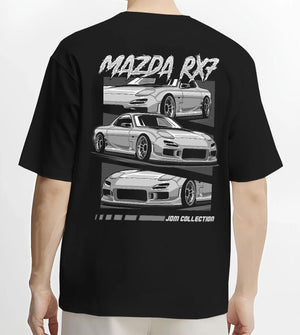 Black T-shirt worn by a male model, back view, featuring Mazda RX--7 rx 7 racing drift jdm japanese street graphic.