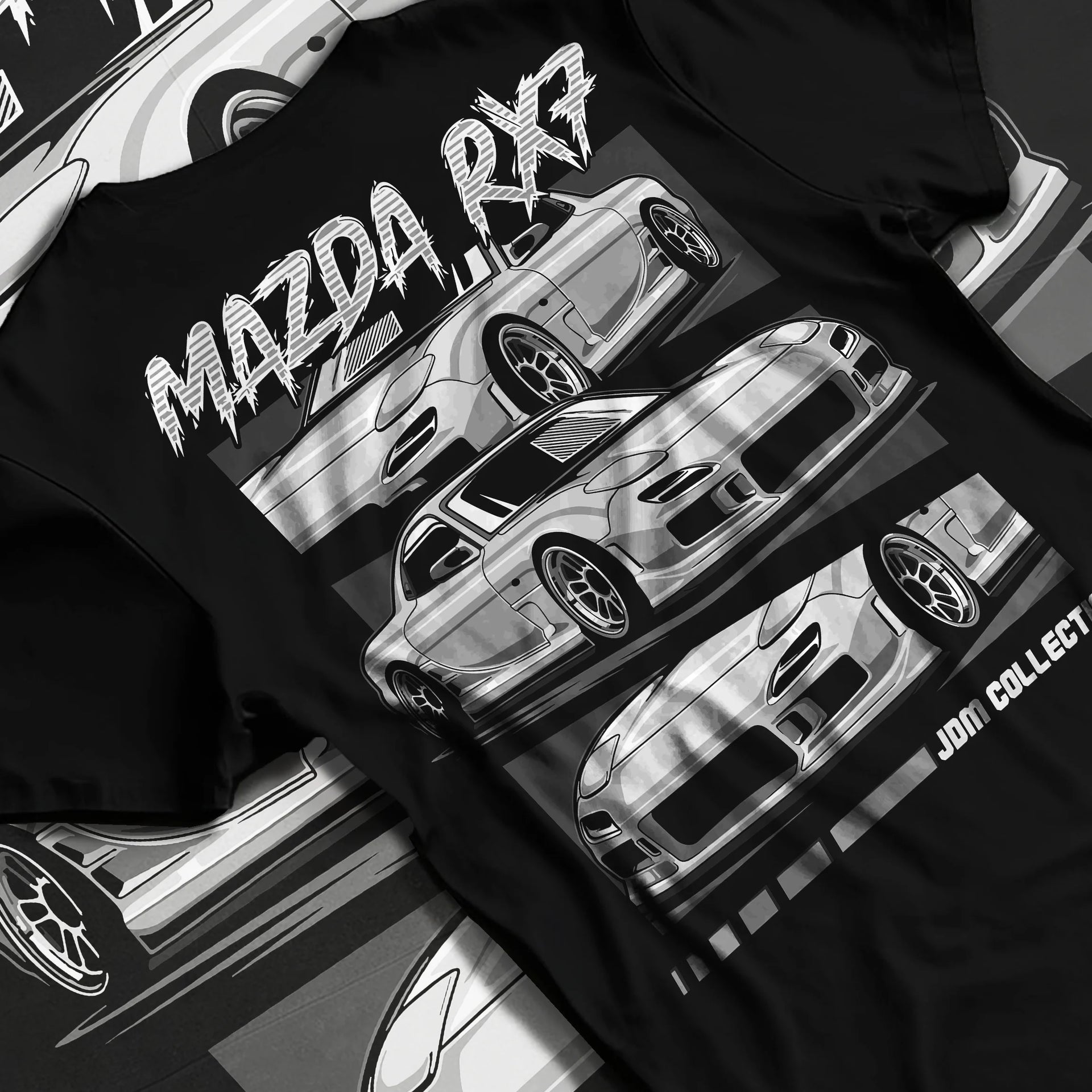Black T-shirt laid flat with natural fabric folds, featuring Mazda RX--7 rx 7 racing drift jdm japanese street graphic.