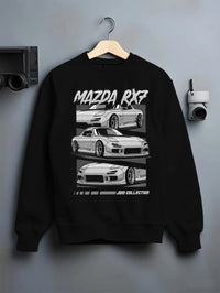 Black crewneck sweatshirt on a hanger against a grey wall, featuring Mazda RX--7 rx 7 racing drift jdm japanese street graphic.
