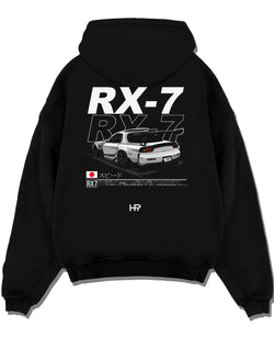 Black pullover hoodie laid flat on a white background, featuring Mazda RX--7 rx 7 racing drift jdm japanese street mazr2.