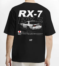 Black T-shirt worn by a male model, back view, featuring Mazda RX--7 rx 7 racing drift jdm japanese street graphic mazr2.