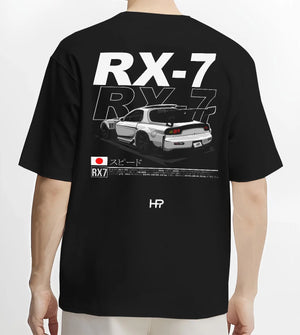 Black T-shirt worn by a male model, back view, featuring Mazda RX--7 rx 7 racing drift jdm japanese street graphic mazr2.