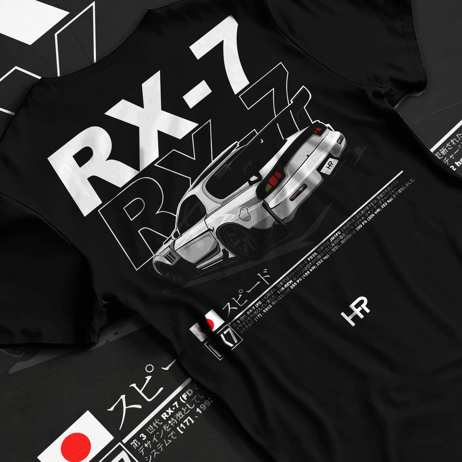 Black T-shirt laid flat with natural fabric folds, featuring Mazda RX--7 rx 7 racing drift jdm japanese street graphic mazr2.