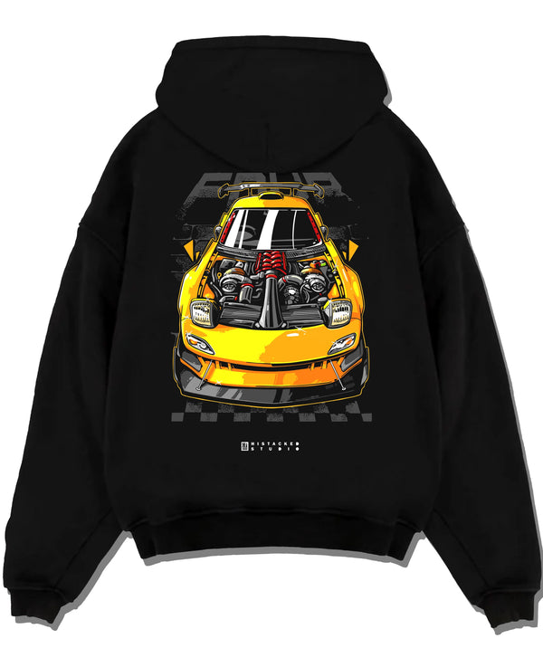 Black pullover hoodie laid flat on a white background, featuring RX-7 rx 7 racing drift jdm japanese street enthusiast graphic.