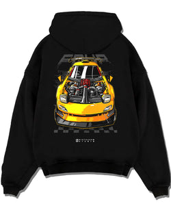 Black pullover hoodie laid flat on a white background, featuring RX-7 rx 7 racing drift jdm japanese street enthusiast graphic.
