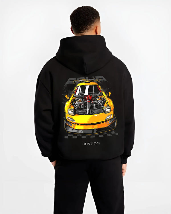 Black hoodie worn by a male model, back view, featuring RX-7 rx 7 racing drift jdm japanese street enthusiast graphic.