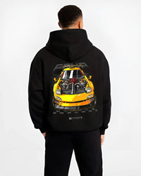 Black hoodie worn by a male model, back view, featuring RX-7 rx 7 racing drift jdm japanese street enthusiast graphic.