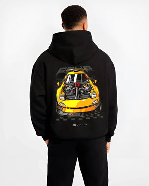 Black hoodie worn by a male model, back view, featuring RX-7 rx 7 racing drift jdm japanese street enthusiast graphic.