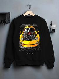 Black crewneck sweatshirt on a hanger against a grey wall, featuring RX-7 rx 7 racing drift jdm japanese street enthusiast graphic.