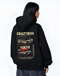 Black hoodie worn by a female model, back view, featuring Mercedes-Benz drift euro german street enthusiast racing graphic.