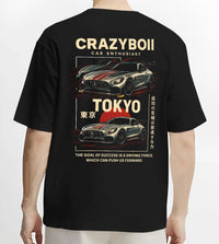 Black T-shirt worn by a male model, back view, featuring Mercedes-Benz drift euro german street enthusiast racing graphic.