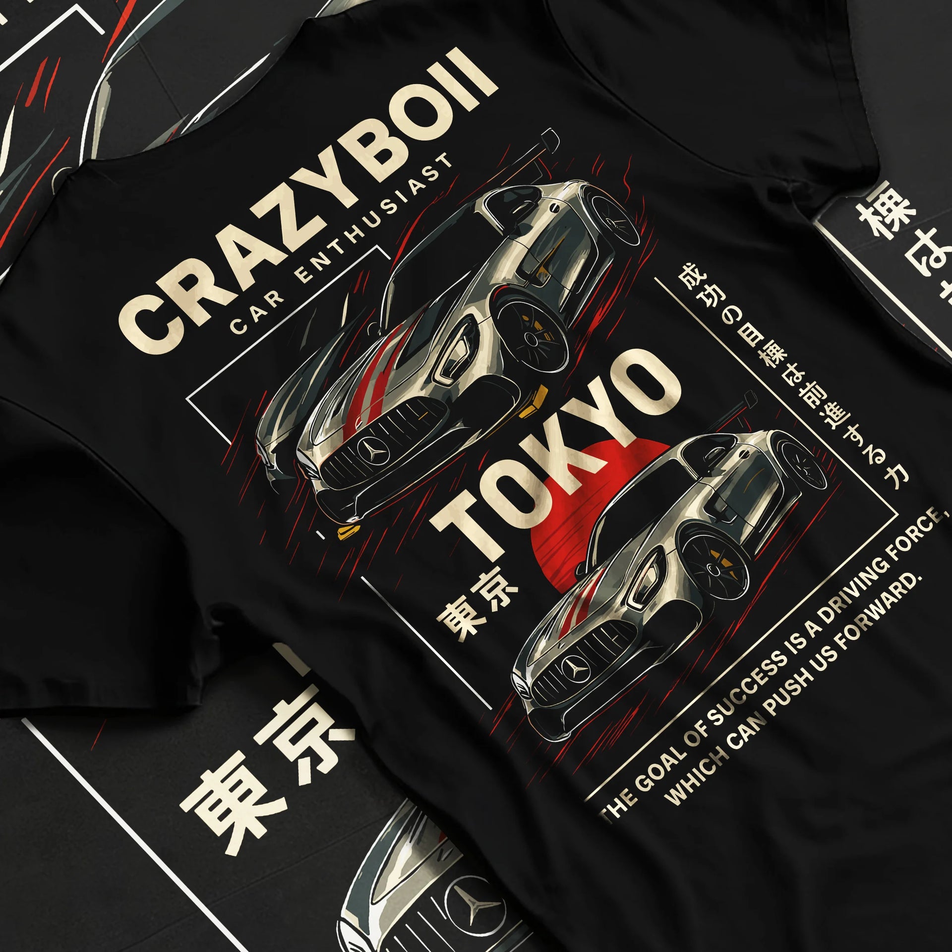 Black T-shirt laid flat with natural fabric folds, featuring Mercedes-Benz drift euro german street enthusiast racing graphic.