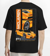Black T-shirt worn by a male model, back view, featuring McLaren 720S rs racing enthusiast street performance motorsport graphic.
