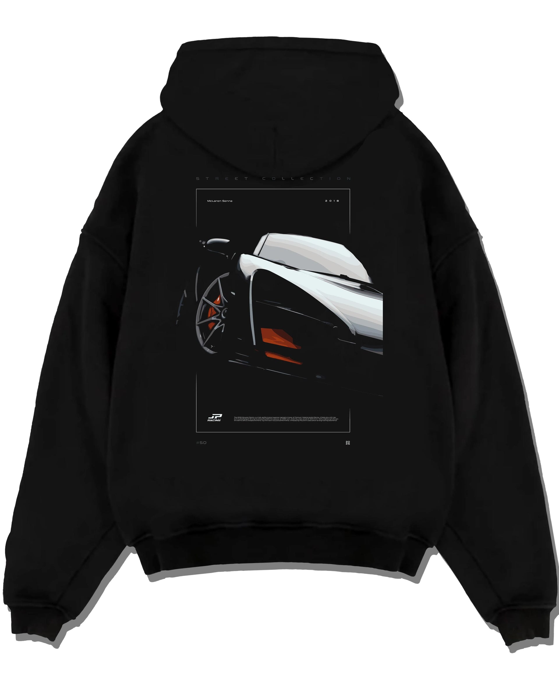Black pullover hoodie laid flat on a white background, featuring McLaren F1 rs racing street retro speed enthusiast graphic.