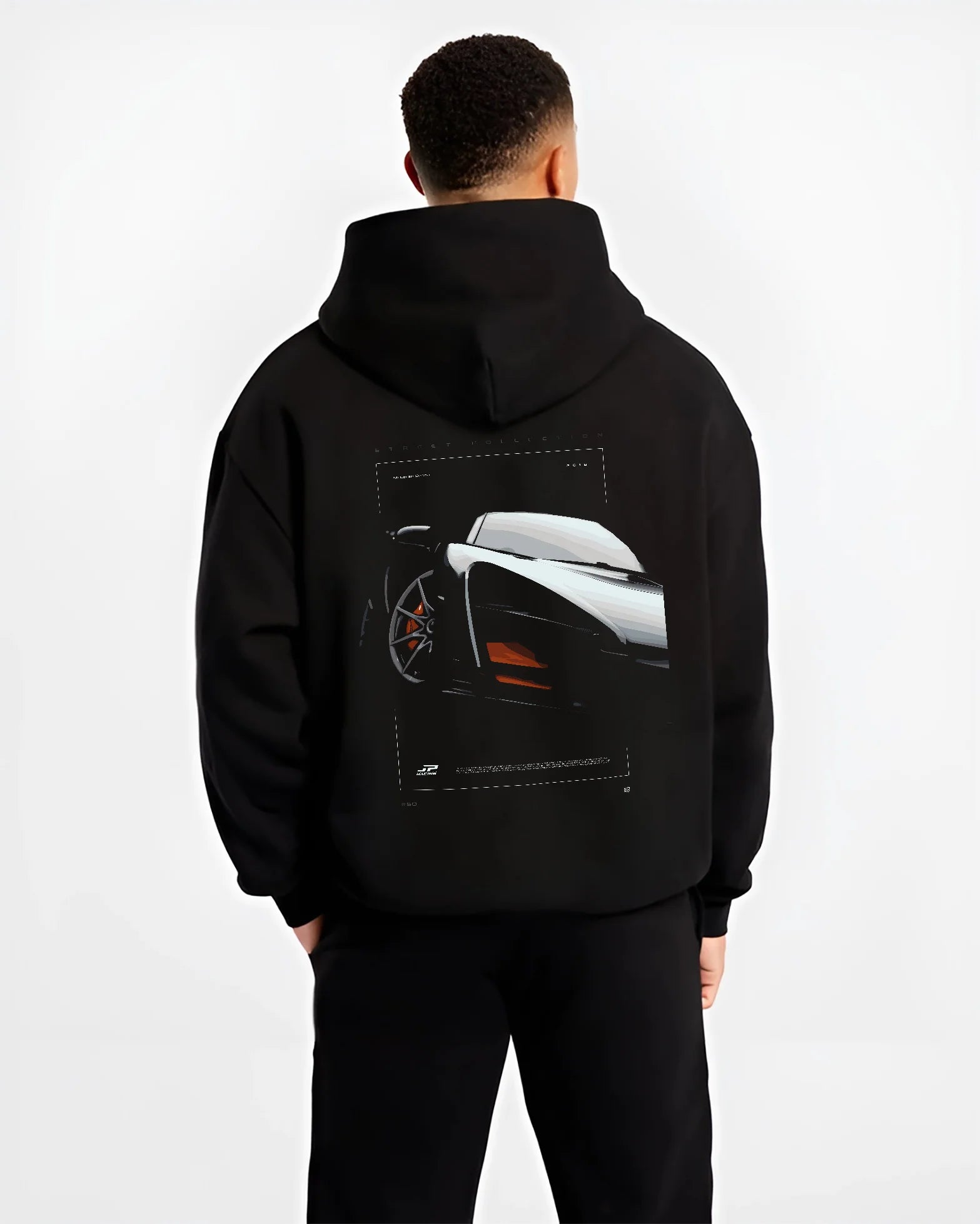 Black hoodie worn by a male model, back view, featuring McLaren F1 rs racing street retro speed enthusiast graphic.