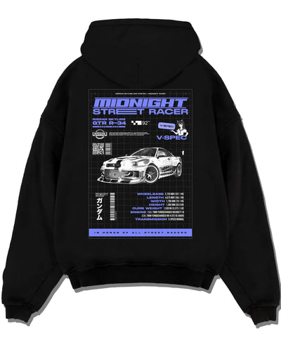 Black pullover hoodie laid flat on a white background, featuring NISSAN SKYLINE r34 racing race drift jdm japanese street graphic.