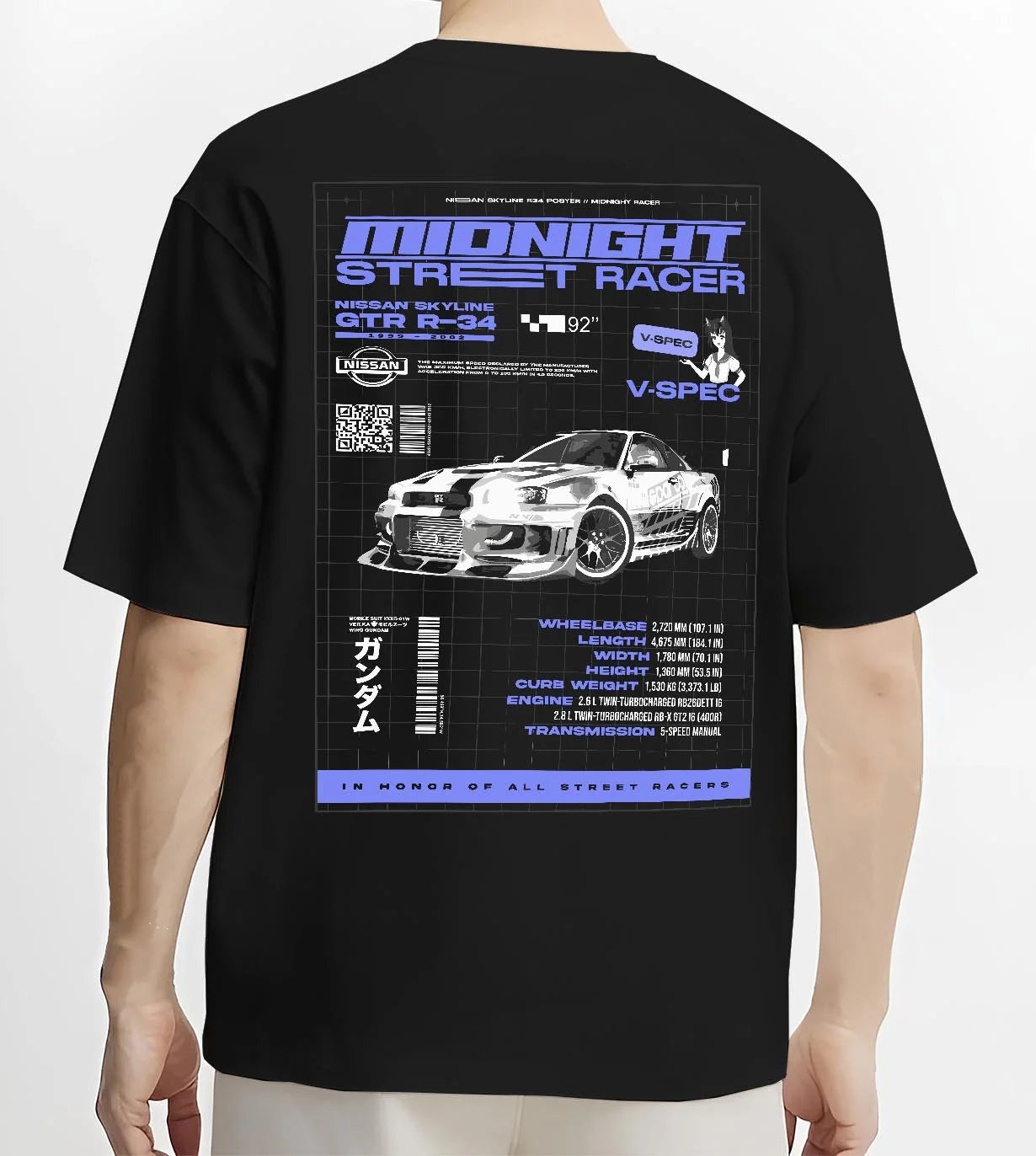 Black T-shirt worn by a male model, back view, featuring NISSAN SKYLINE r34 racing race drift jdm japanese street midnight graphic.