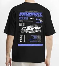 Black T-shirt worn by a male model, back view, featuring NISSAN SKYLINE r34 racing race drift jdm japanese street midnight graphic.