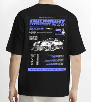 Black T-shirt worn by a male model, back view, featuring NISSAN SKYLINE r34 racing race drift jdm japanese street midnight graphic.
