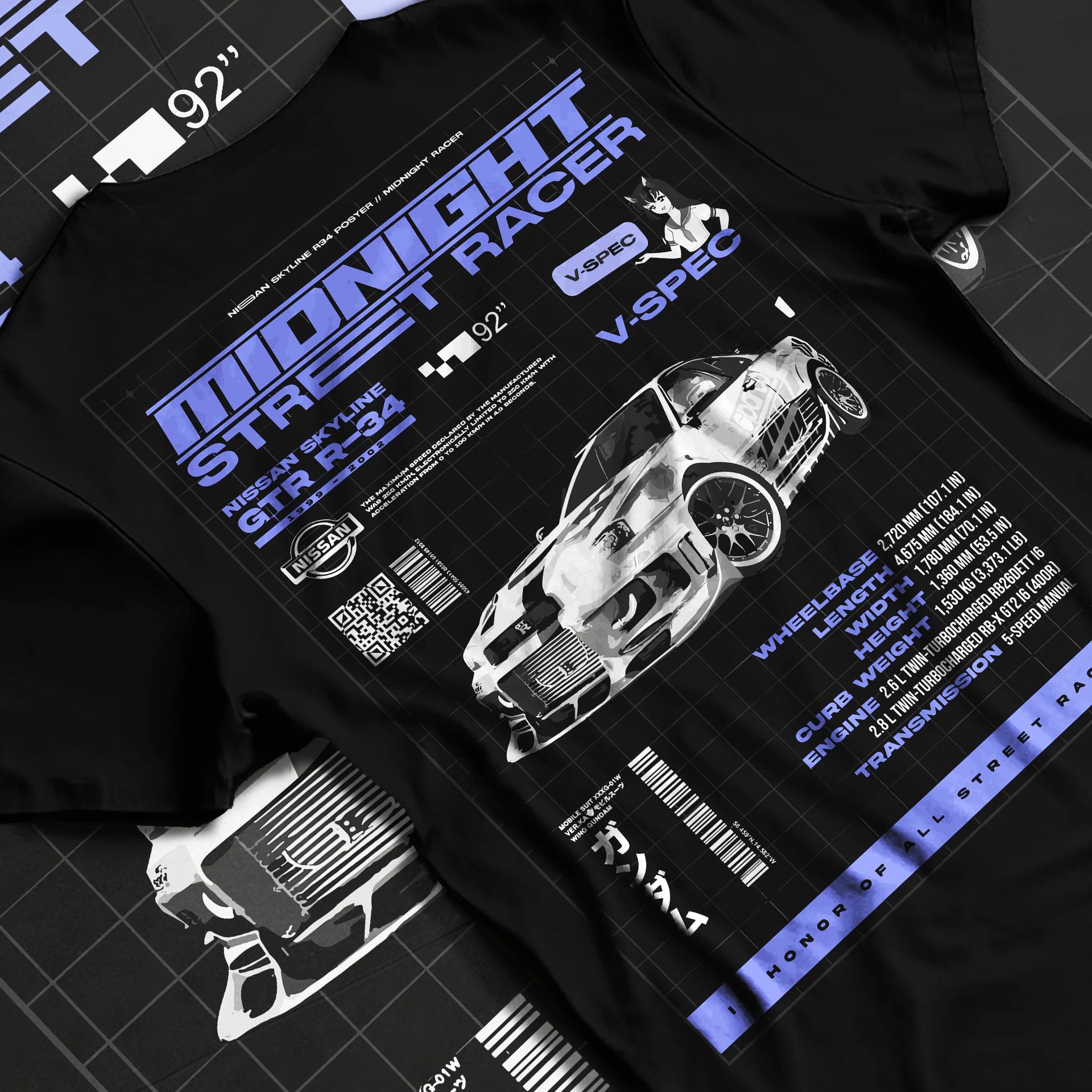 Black T-shirt laid flat with natural fabric folds, featuring NISSAN SKYLINE r34 racing race drift jdm japanese street graphic.