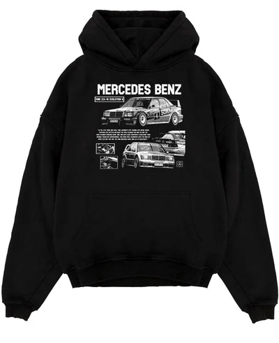 Black pullover hoodie laid flat on a white background, featuring Mercedes-Benz AMG rs racing motorsport street enthusiast graphic.