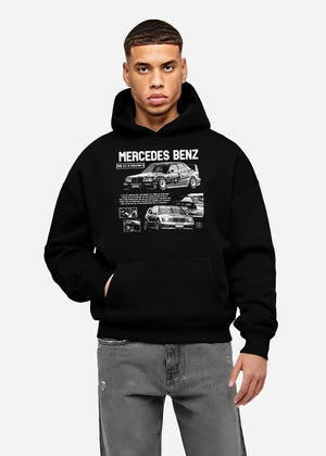 Black hoodie worn by a male model, front view, featuring Mercedes-Benz AMG rs racing motorsport street enthusiast graphic.