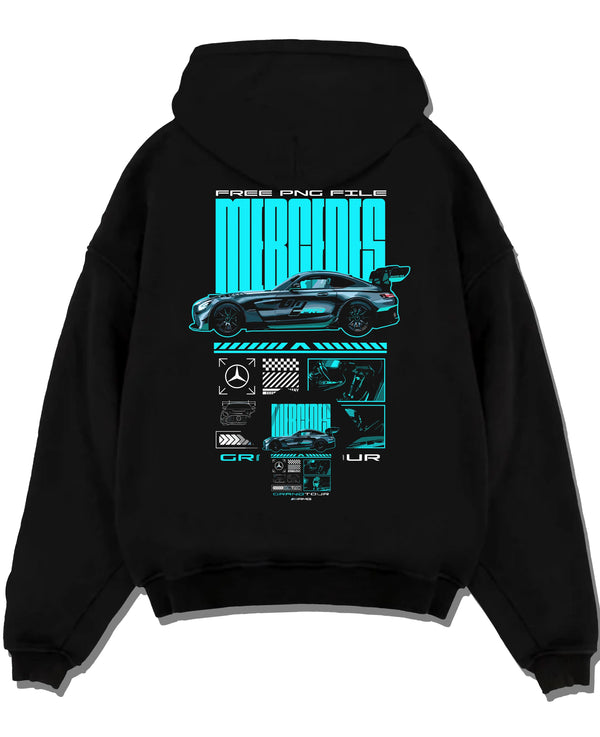 Black pullover hoodie laid flat on a white background, featuring Mercedes-Benz AMG gt3 rs racing motorsport street graphic.