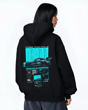 Black hoodie worn by a female model, back view, featuring Mercedes-Benz AMG gt3 rs racing motorsport street performance graphic.