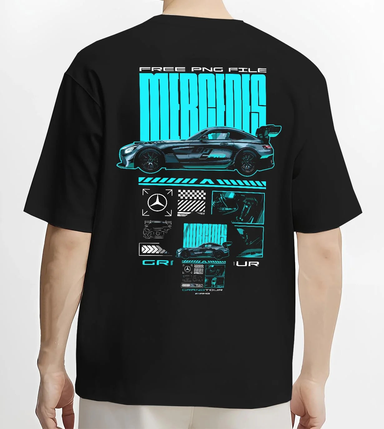 Black T-shirt worn by a male model, back view, featuring Mercedes-Benz AMG gt3 rs racing motorsport street performance graphic.