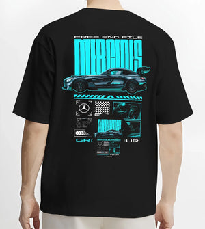 Black T-shirt worn by a male model, back view, featuring Mercedes-Benz AMG gt3 rs racing motorsport street performance graphic.