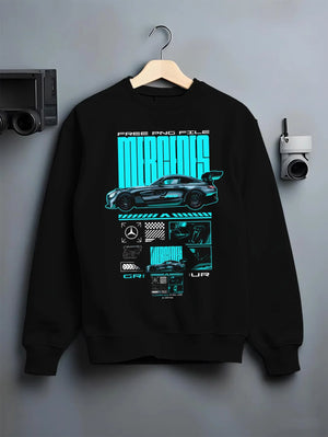 Black crewneck sweatshirt on a hanger against a grey wall, featuring Mercedes-Benz AMG gt3 rs racing motorsport street graphic.