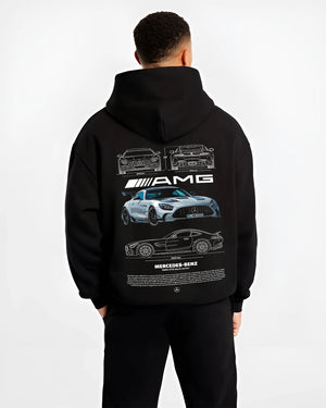 Black hoodie worn by a male model, back view, featuring Mercedes-Benz AMG rs racing motorsport street performance merc9.