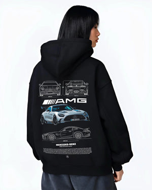 Black hoodie worn by a female model, back view, featuring Mercedes-Benz AMG rs racing motorsport street performance merc9.