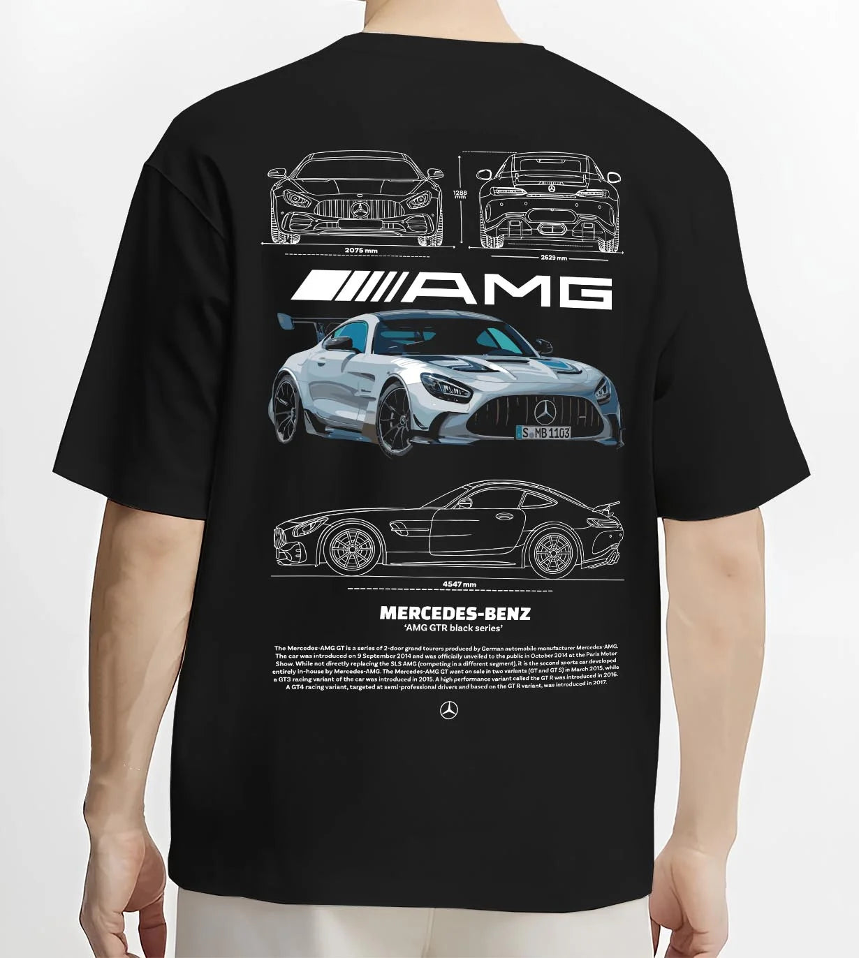 Black T-shirt worn by a male model, back view, featuring Mercedes-Benz AMG rs racing motorsport street performance merc9.